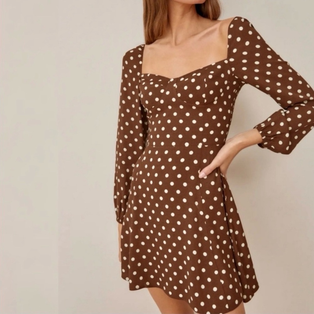 Reformation Juliette Brown Polka Dot Long Sleeve Dress